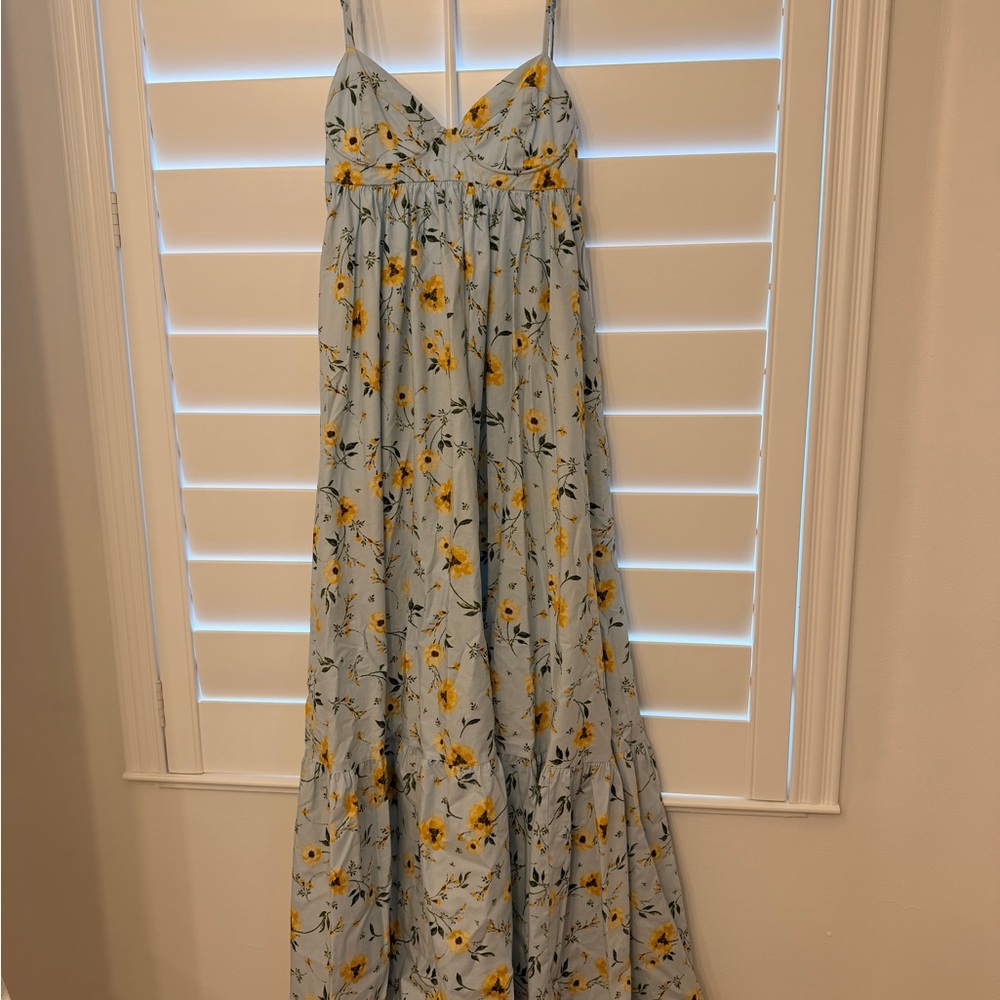 Aqua Light Blue Maxi Dress with Yellow Floral Print